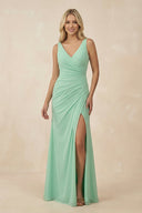 V-Neck Ruched Sheath Bridesmaid Dress with Slit in Pale Pistachio - KissProm BRIDESMAID DRESSES