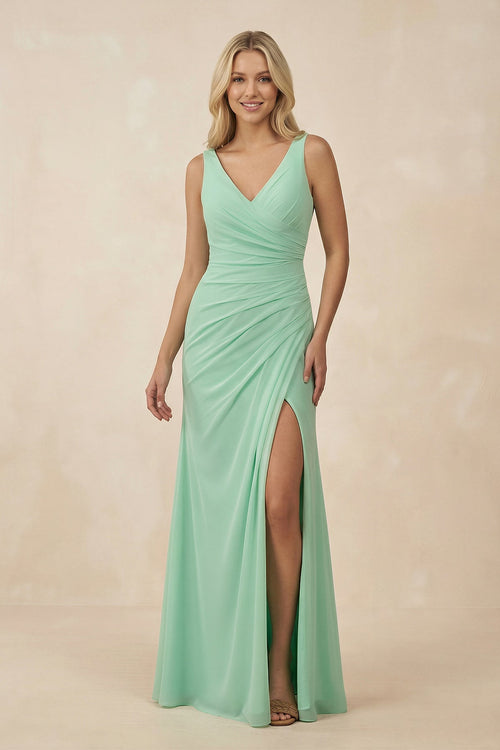 V-Neck Ruched Sheath Bridesmaid Dress with Slit in Pale Pistachio - KissProm BRIDESMAID DRESSES