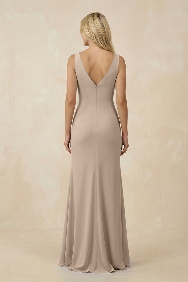 V-Neck Ruched Sheath Bridesmaid Dress with Slit in Almond - KissProm BRIDESMAID DRESSES