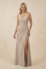 V-Neck Ruched Sheath Bridesmaid Dress with Slit in Almond - KissProm BRIDESMAID DRESSES