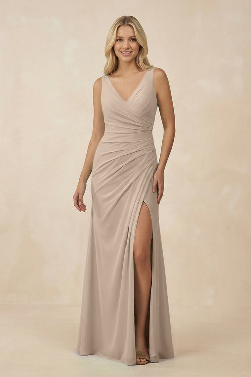 V-Neck Ruched Sheath Bridesmaid Dress with Slit in Almond - KissProm BRIDESMAID DRESSES