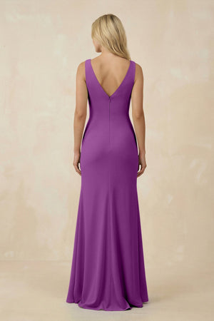 V-Neck Ruched Sheath Bridesmaid Dress with Slit in Amethyst - KissProm BRIDESMAID DRESSES