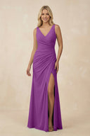V-Neck Ruched Sheath Bridesmaid Dress with Slit in Amethyst - KissProm BRIDESMAID DRESSES