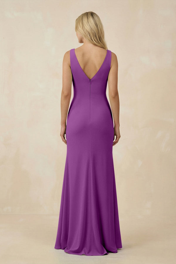 V-Neck Ruched Sheath Bridesmaid Dress with Slit in Amethyst - KissProm BRIDESMAID DRESSES
