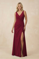 V-Neck Ruched Sheath Bridesmaid Dress with Slit in Berry - KissProm BRIDESMAID DRESSES