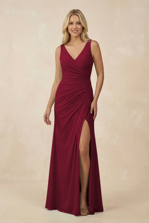 V-Neck Ruched Sheath Bridesmaid Dress with Slit in Berry - KissProm BRIDESMAID DRESSES