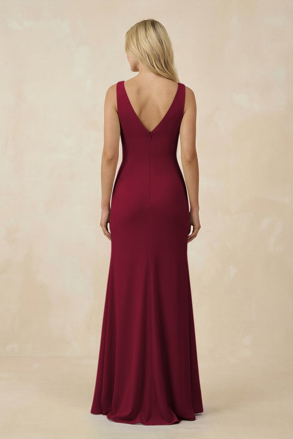 V-Neck Ruched Sheath Bridesmaid Dress with Slit in Berry - KissProm BRIDESMAID DRESSES