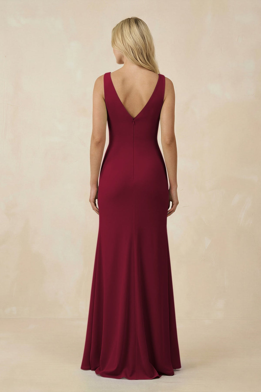 V-Neck Ruched Sheath Bridesmaid Dress with Slit in Berry - KissProm BRIDESMAID DRESSES