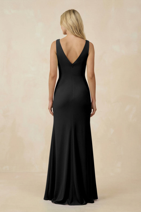 V-Neck Ruched Sheath Bridesmaid Dress with Slit in Black - KissProm BRIDESMAID DRESSES