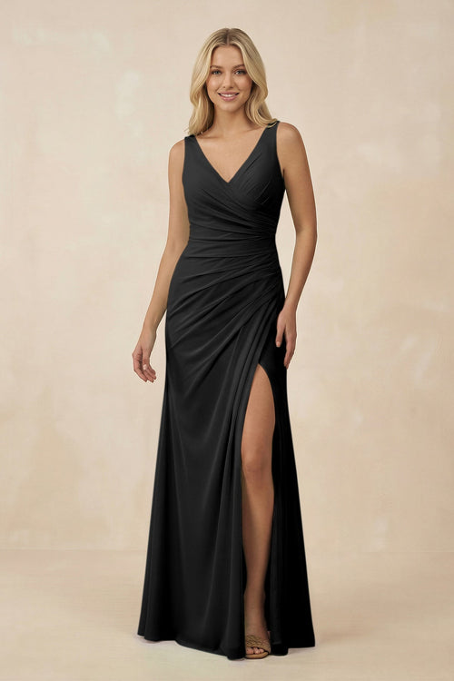 V-Neck Ruched Sheath Bridesmaid Dress with Slit in Black - KissProm BRIDESMAID DRESSES