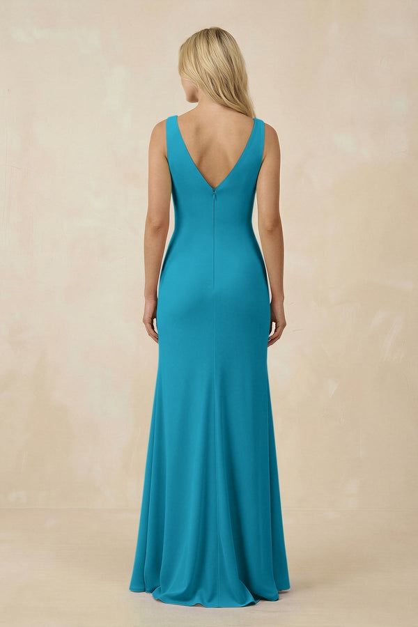 V-Neck Ruched Sheath Bridesmaid Dress with Slit in Blue Jay - KissProm BRIDESMAID DRESSES