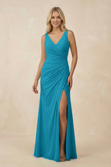 V-Neck Ruched Sheath Bridesmaid Dress with Slit in Blue Jay - KissProm BRIDESMAID DRESSES