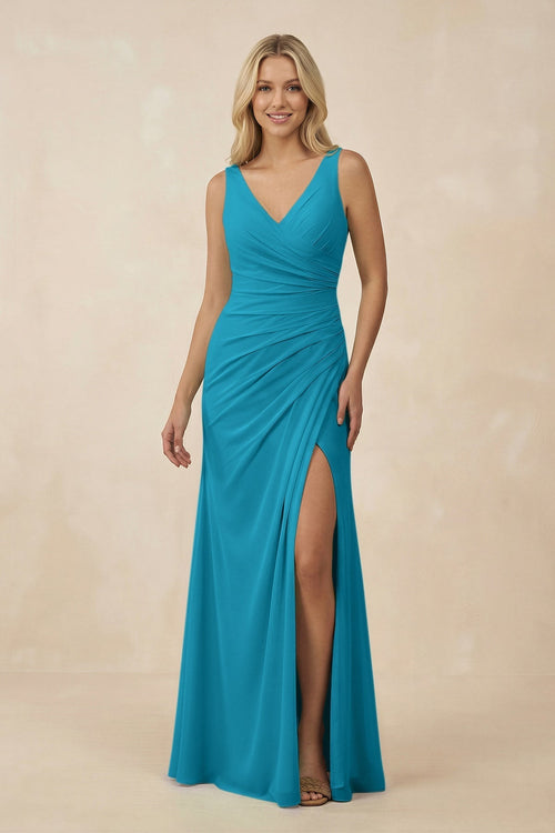 V-Neck Ruched Sheath Bridesmaid Dress with Slit in Blue Jay - KissProm BRIDESMAID DRESSES