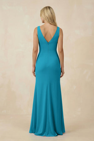 V-Neck Ruched Sheath Bridesmaid Dress with Slit in Blue Jay - KissProm BRIDESMAID DRESSES