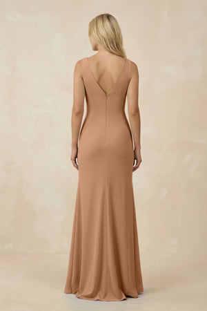V-Neck Ruched Sheath Bridesmaid Dress with Slit in Bronzer - KissProm BRIDESMAID DRESSES