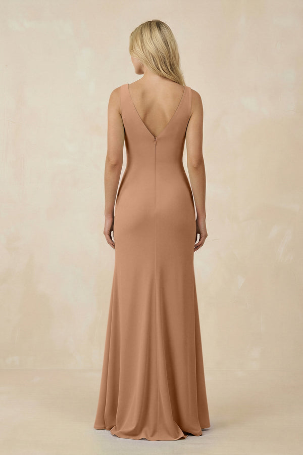 V-Neck Ruched Sheath Bridesmaid Dress with Slit in Bronzer - KissProm BRIDESMAID DRESSES