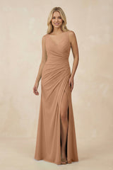 V-Neck Ruched Sheath Bridesmaid Dress with Slit in Bronzer - KissProm BRIDESMAID DRESSES