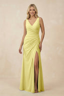 V-Neck Ruched Sheath Bridesmaid Dress with Slit in Buttercup - KissProm BRIDESMAID DRESSES