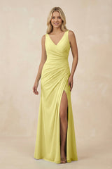 V-Neck Ruched Sheath Bridesmaid Dress with Slit in Buttercup - KissProm BRIDESMAID DRESSES