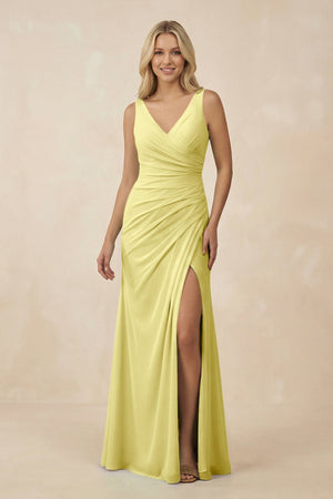 V-Neck Ruched Sheath Bridesmaid Dress with Slit in Buttercup - KissProm BRIDESMAID DRESSES