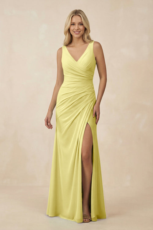 V-Neck Ruched Sheath Bridesmaid Dress with Slit in Buttercup - KissProm BRIDESMAID DRESSES