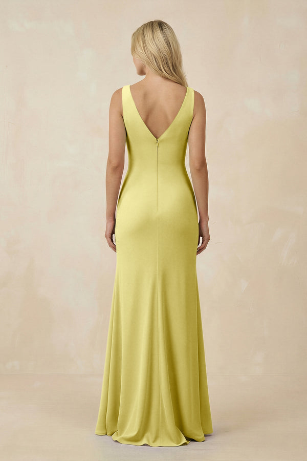 V-Neck Ruched Sheath Bridesmaid Dress with Slit in Buttercup - KissProm BRIDESMAID DRESSES