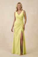 V-Neck Ruched Sheath Bridesmaid Dress with Slit in Buttercup - KissProm BRIDESMAID DRESSES