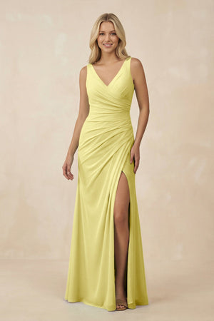 V-Neck Ruched Sheath Bridesmaid Dress with Slit in Buttercup - KissProm BRIDESMAID DRESSES