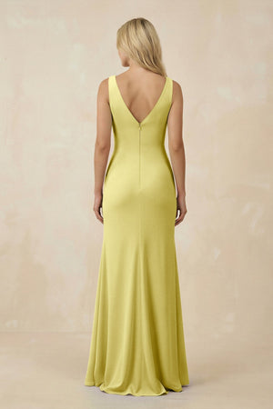 V-Neck Ruched Sheath Bridesmaid Dress with Slit in Buttercup - KissProm BRIDESMAID DRESSES