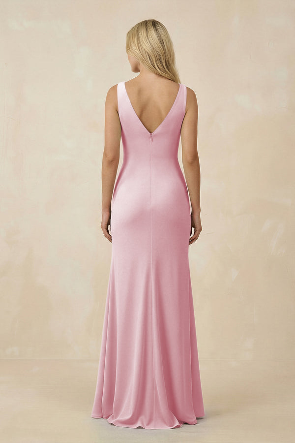 V-Neck Ruched Sheath Bridesmaid Dress with Slit in Candy Pink - KissProm BRIDESMAID DRESSES