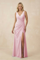 V-Neck Ruched Sheath Bridesmaid Dress with Slit in Candy Pink - KissProm BRIDESMAID DRESSES