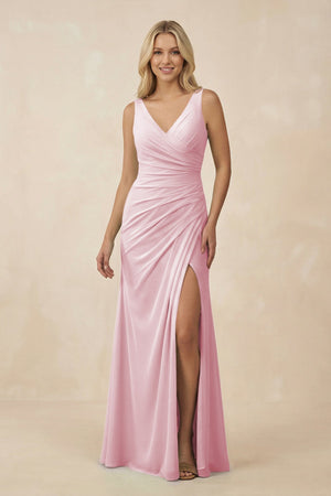 V-Neck Ruched Sheath Bridesmaid Dress with Slit in Candy Pink - KissProm BRIDESMAID DRESSES