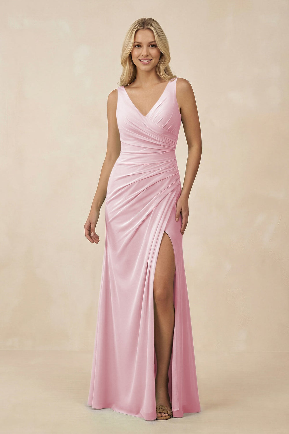 V-Neck Ruched Sheath Bridesmaid Dress with Slit in Candy Pink - KissProm BRIDESMAID DRESSES