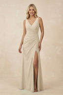 V-Neck Ruched Sheath Bridesmaid Dress with Slit in Champagne - KissProm BRIDESMAID DRESSES