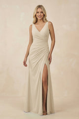 V-Neck Ruched Sheath Bridesmaid Dress with Slit in Champagne - KissProm BRIDESMAID DRESSES