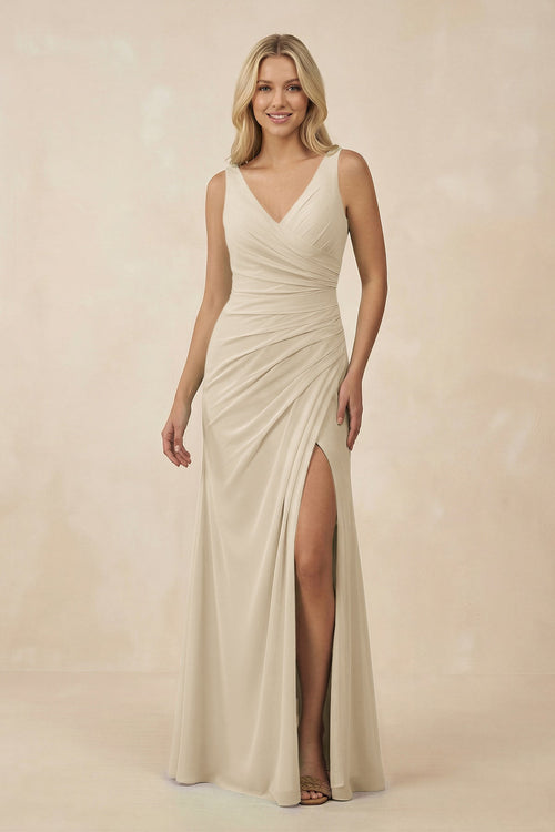 V-Neck Ruched Sheath Bridesmaid Dress with Slit in Champagne - KissProm BRIDESMAID DRESSES