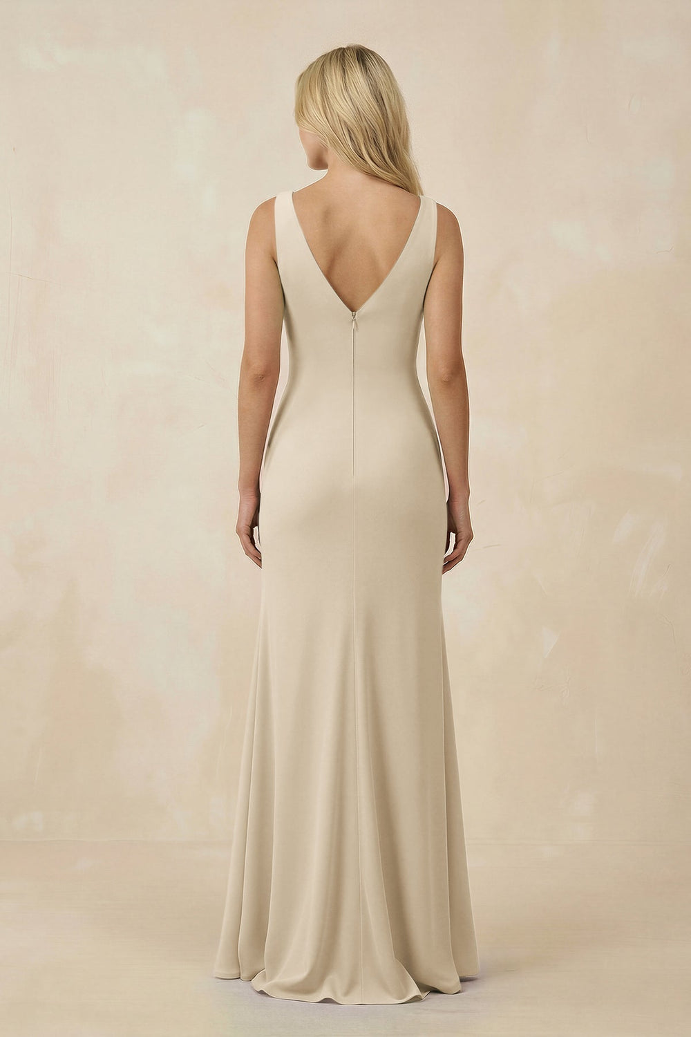 V-Neck Ruched Sheath Bridesmaid Dress with Slit in Champagne - KissProm BRIDESMAID DRESSES