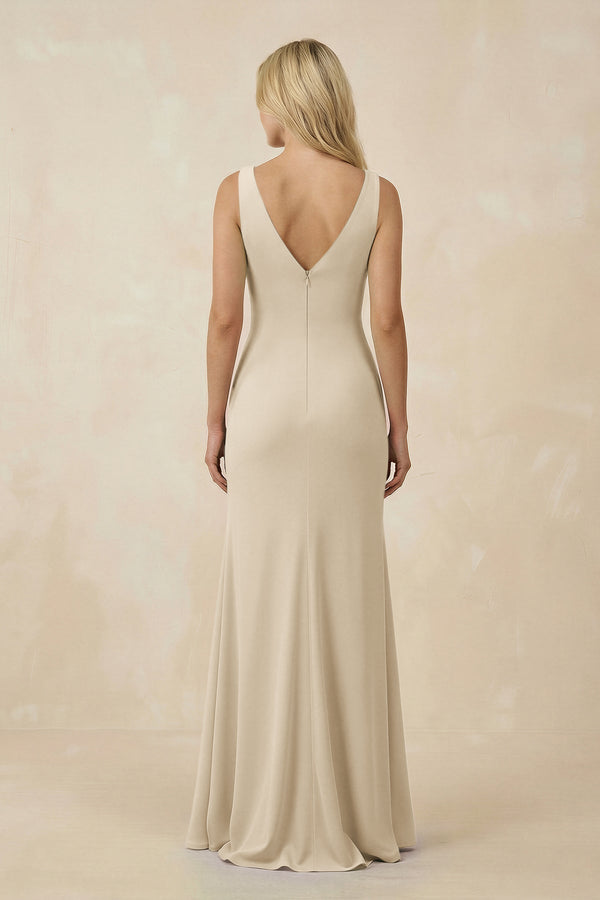 V-Neck Ruched Sheath Bridesmaid Dress with Slit in Champagne - KissProm BRIDESMAID DRESSES