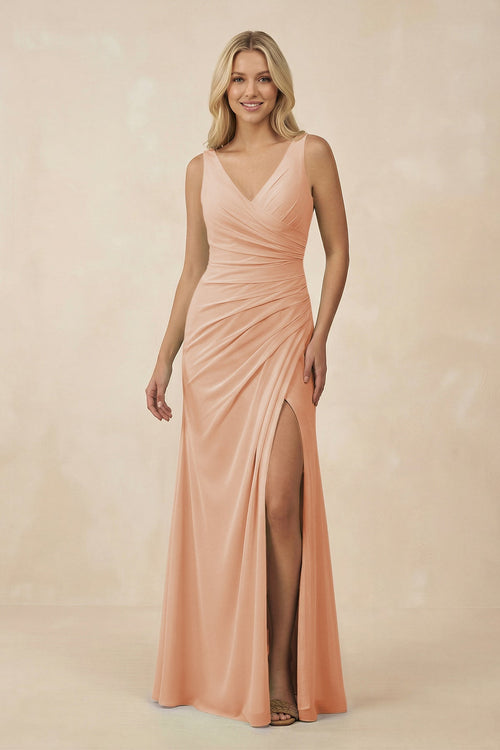 KissProm V-Neck Ruched Sheath Bridesmaid Dress with Slit in Champagne Rose, Champagne Rose / 2