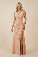 V-Neck Ruched Sheath Bridesmaid Dress with Slit in Champagne Rose - KissProm BRIDESMAID DRESSES
