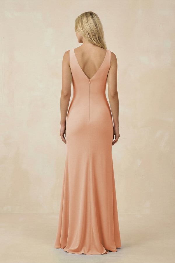 V-Neck Ruched Sheath Bridesmaid Dress with Slit in Champagne Rose - KissProm BRIDESMAID DRESSES