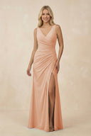 V-Neck Ruched Sheath Bridesmaid Dress with Slit in Champagne Rose - KissProm BRIDESMAID DRESSES