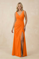 V-Neck Ruched Sheath Bridesmaid Dress with Slit in Cinnamon - KissProm BRIDESMAID DRESSES