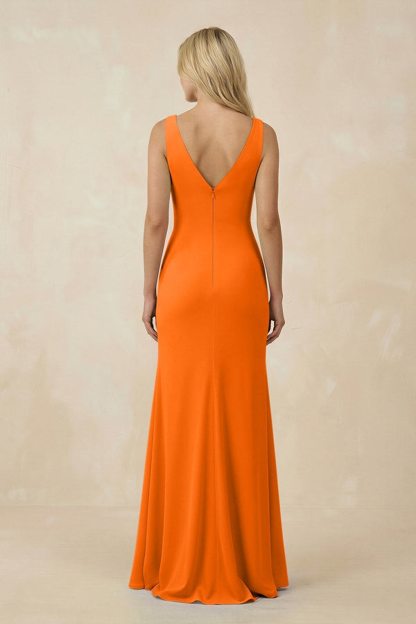 V-Neck Ruched Sheath Bridesmaid Dress with Slit in Cinnamon - KissProm BRIDESMAID DRESSES
