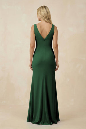 V-Neck Ruched Sheath Bridesmaid Dress with Slit in Dark Green - KissProm BRIDESMAID DRESSES