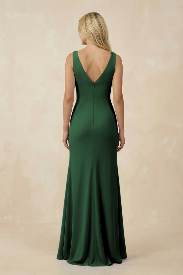V-Neck Ruched Sheath Bridesmaid Dress with Slit in Dark Green - KissProm BRIDESMAID DRESSES