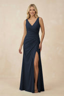 V-Neck Ruched Sheath Bridesmaid Dress with Slit in Dark Navy - KissProm BRIDESMAID DRESSES