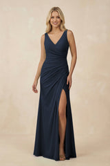 V-Neck Ruched Sheath Bridesmaid Dress with Slit in Dark Navy - KissProm BRIDESMAID DRESSES