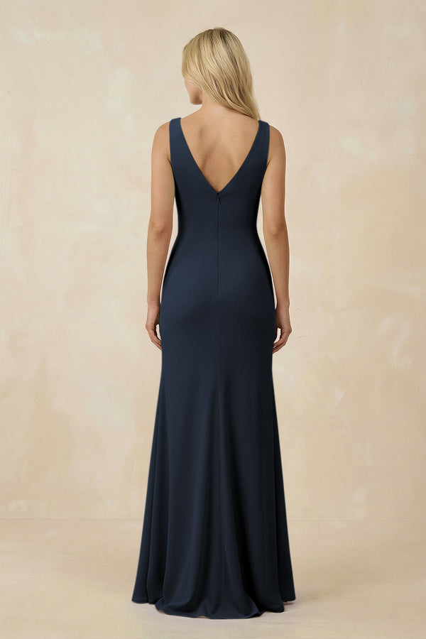 V-Neck Ruched Sheath Bridesmaid Dress with Slit in Dark Navy - KissProm BRIDESMAID DRESSES