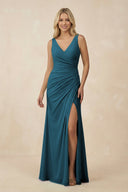 V-Neck Ruched Sheath Bridesmaid Dress with Slit in Dark Teal - KissProm BRIDESMAID DRESSES